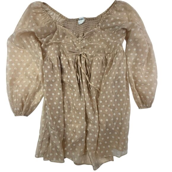 Arula Polka Dot Babydoll Mini Dress Size A 1X Tan Chiffon Long Sleeve - Picture 2 of 10